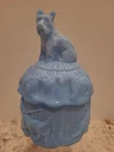 VTG RARE Blue Akro Agate Powder Puff Scottie Dog Milk Glass Lidded Dish GLOWS!