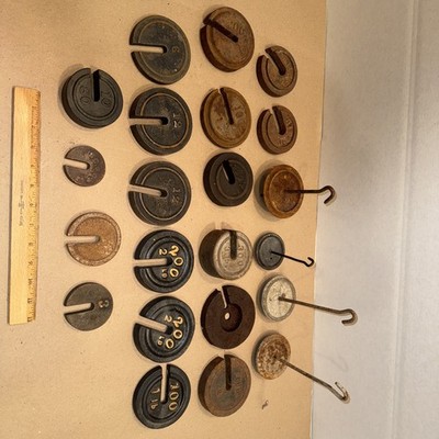 Vintage Lot of 18 Iron Round Slotted Platform Balance Scale Hanging Weights more