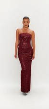 Red Sequin Strapless Lace-Up Maxi Bodycon Dress, Backless Formal Party