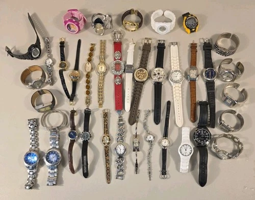 Lot of 37 Vintage Modern Men Women Watches Most Non Working Parts Fossil Geneva