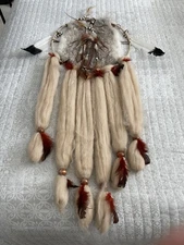 Vintage DREAM Catcher Native American Mandala Fur Wool Feathers Beaded Large 26”