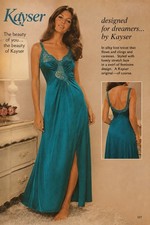 Vintage 70s Kayser Teal Nylon Satin Lace Maxi Nightgown Slip Dress USA Small