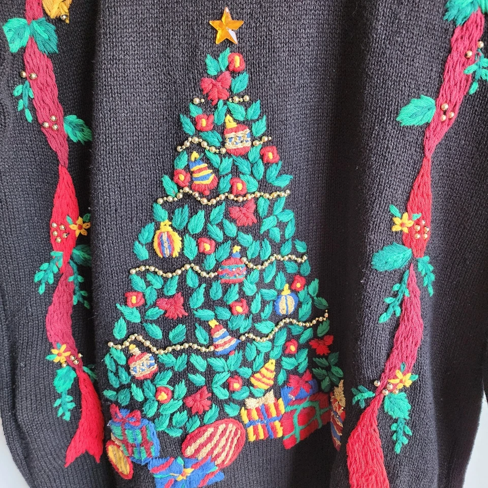 Suéter De Colección Cascanueces Feo Navidad Árbol Negro Ramie Algodón Cuentas Tejido Talla M Foto 3 de 4