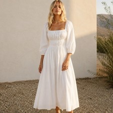 Reformation Milkmaid Dress Small White Cotton Smocked Puff Sleeve Empire Waist
