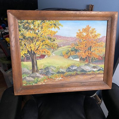 Beautiful Rustic Oil Painting Country Side Fall Landscape, Signed & Framed 22x25