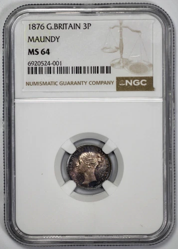 1876 Great Britain Maundy 3P Threepence NGC MS 64 Vibrant Toning
