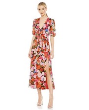 Ieena Mac Duggal 55626 Sz 8 Multicolor Floral Print Front Tie Slit Midi Dress