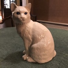 Weiße glänzende Keramik Katze 28 cm (11") groß - blaue Augen - Top Zustand wunderschön!