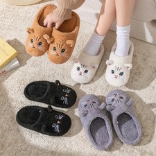 Women Winter Slippers Cute Cartoon Cat Design Indoor Warm Plush Cozy Soft Shoes