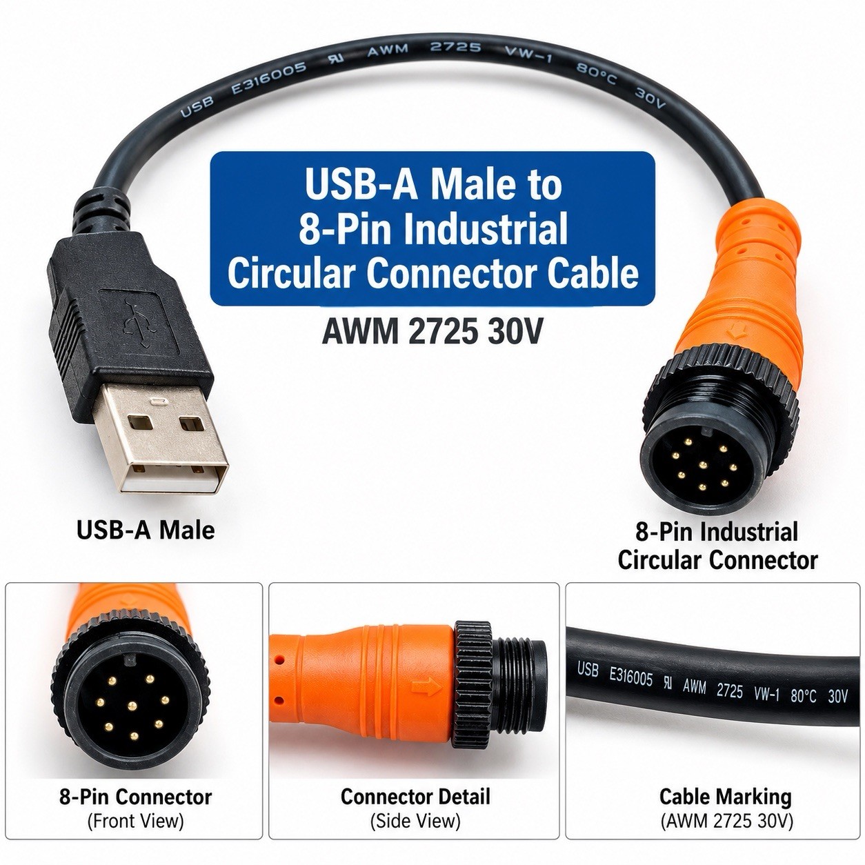 USB-A Male to 8-Pin Industrial Circular Connector Cable AWM 2725 30V