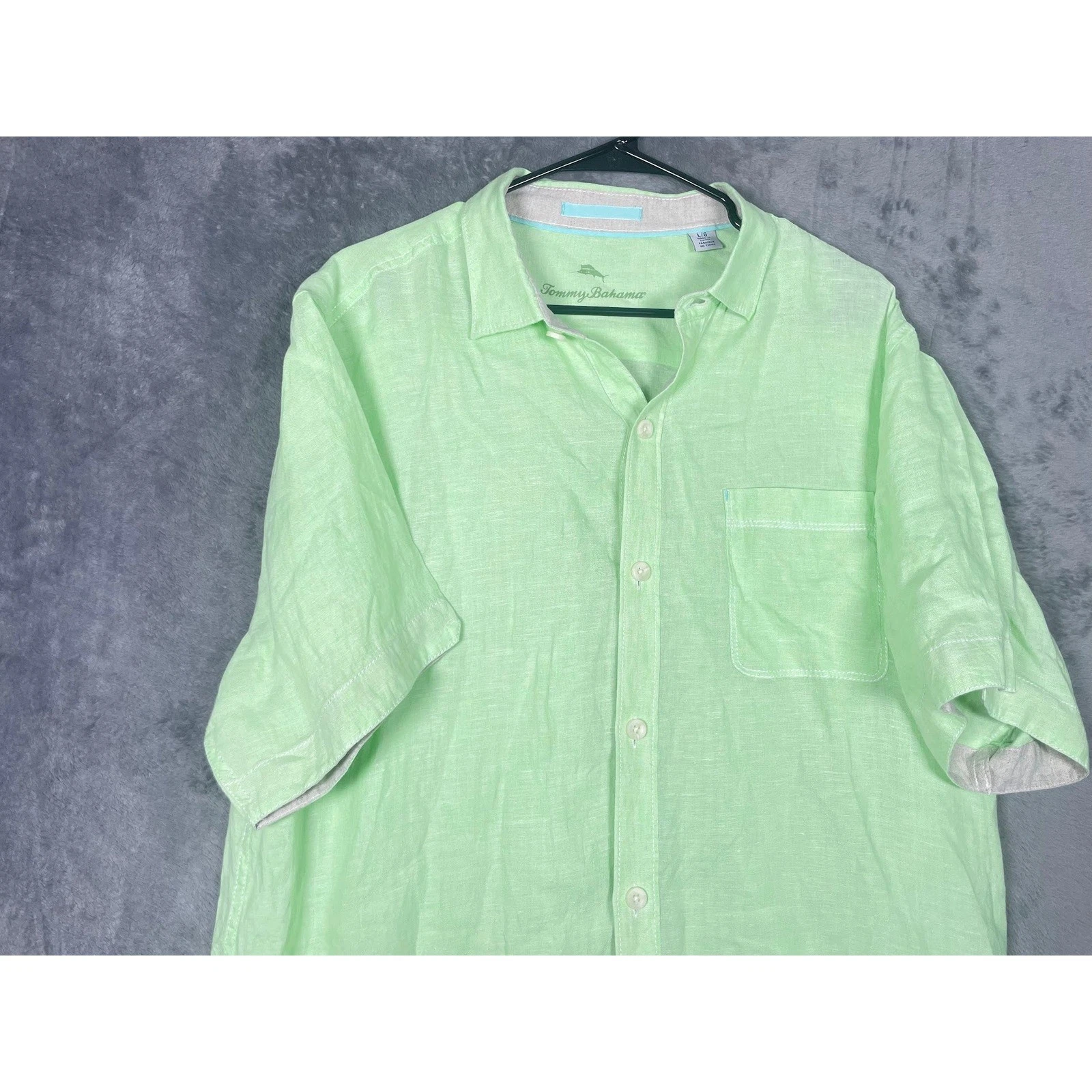 Tommy Bahama Mens Large Lime Green 100% Linen Short Sleeve Button Up Shirt