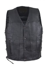 Men's Plain Black Leather Vest Motorcycle Concealed Side Laces Custom Waistcoat