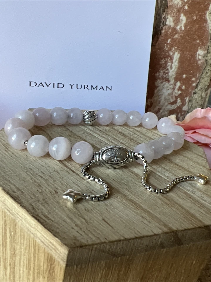 Brazalete de cuentas espirituales de cuarzo rosa y cuentas de plata David Yurman .925 8 mm Foto 4 de 4