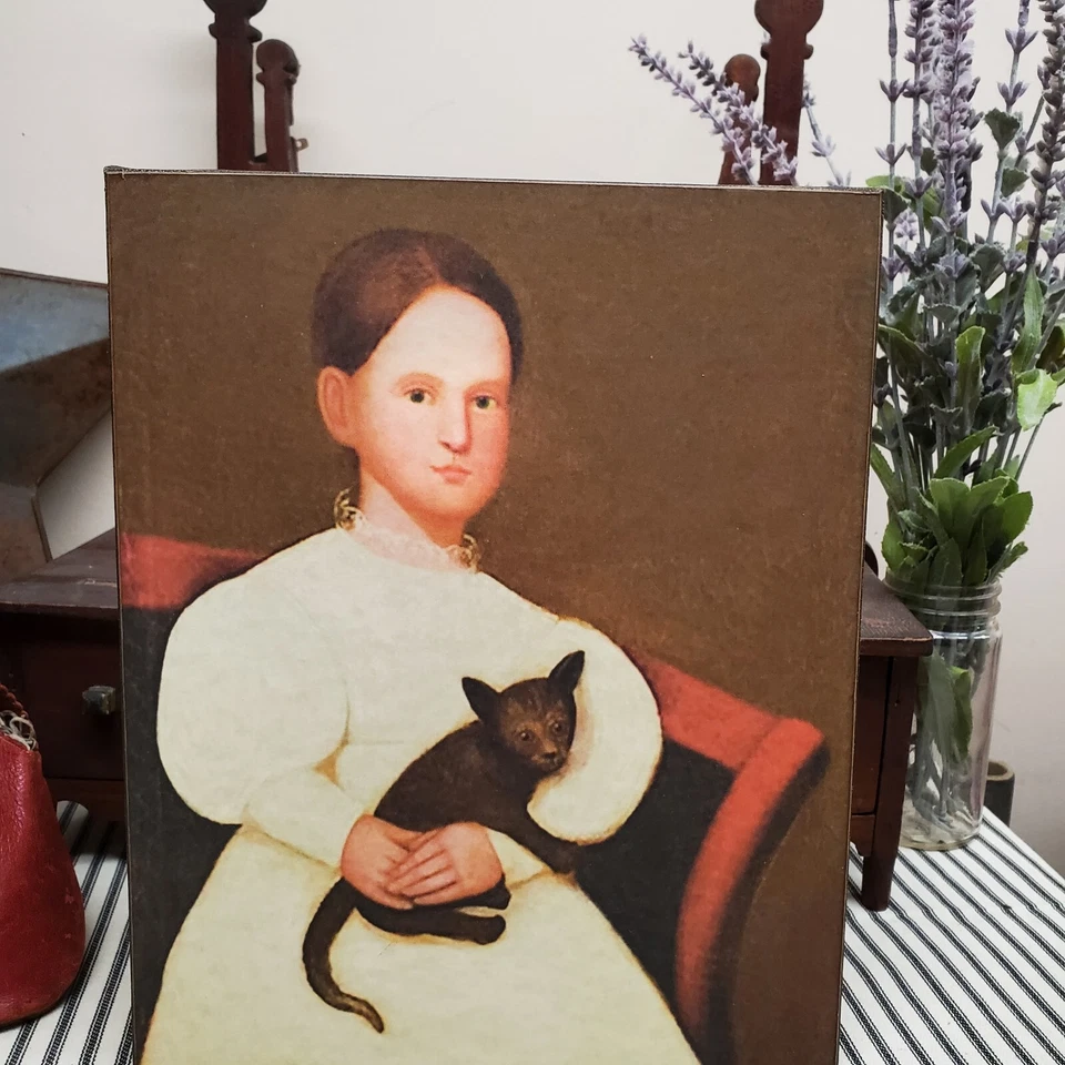 PRIMITIVE VICTORIAN VINTAGE FOLK ART STYLE GIRL BLACK CAT PORTRAIT CANVAS SIGN - Image 3 of 4