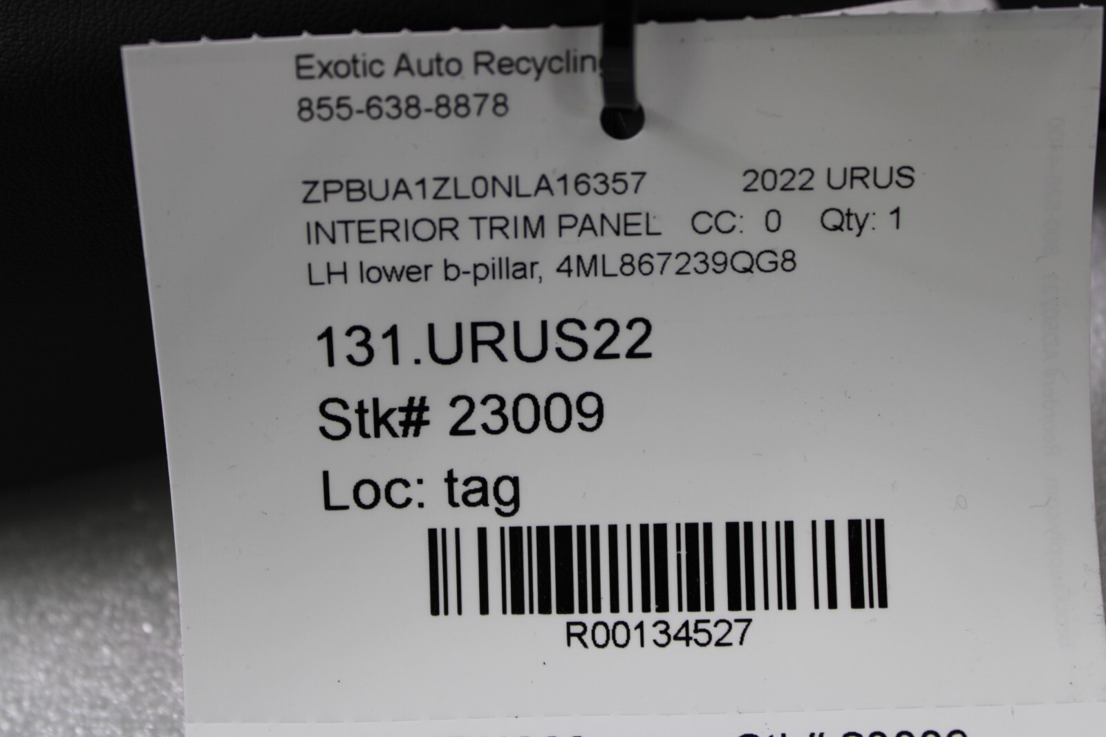 Lamborghini Urus, LH, Left, Lower B-Pillar Trim, Used, P/N 4ML867239QG8