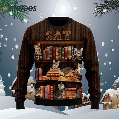 Cat Bookcase Ugly Christmas Sweater Perfect Gift for Book & Cat Lovers