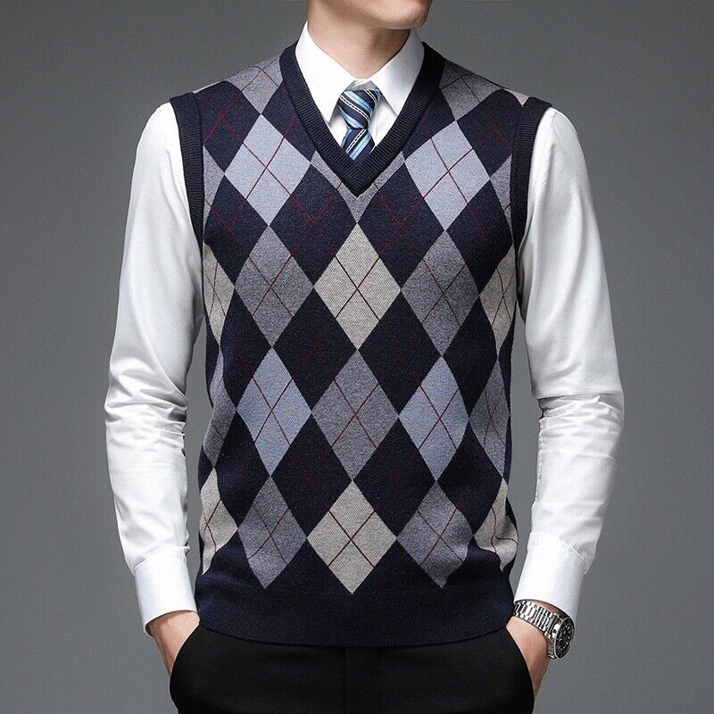 Men Knitted Vest Jacquard Argyle Sleeveless Pullover Jumper Men Knitted Vest Jacquard Argyle Sleeveless Pullover Jumper
