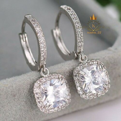Moissanite Drop/Dangle Earrings Cushion Cut 2.50 CT 14K White Gold Gift For Her - Picture 3 of 9