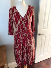 AB Studio Retro Mod Faux Wrap Stretch Designer Chain Dress S 3/4 Sleeves V-neck