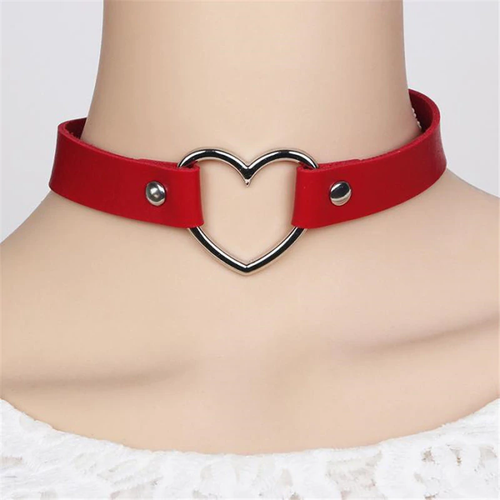New Faux Vegan Leather Red Metal Heart Punk Goth Bondage Rock Choker Necklace