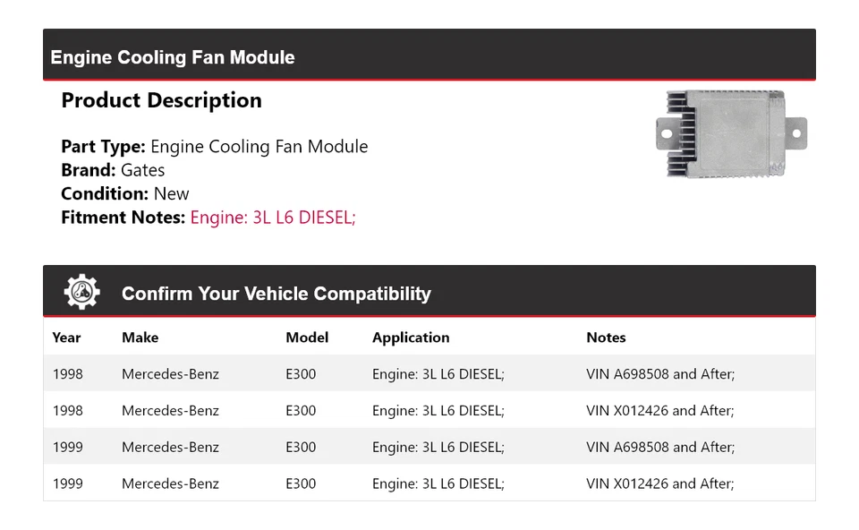 Para Mercedes-Benz E300 1998-1999 3L L6 motor diésel módulo ventilador puertas Foto 2 de 4