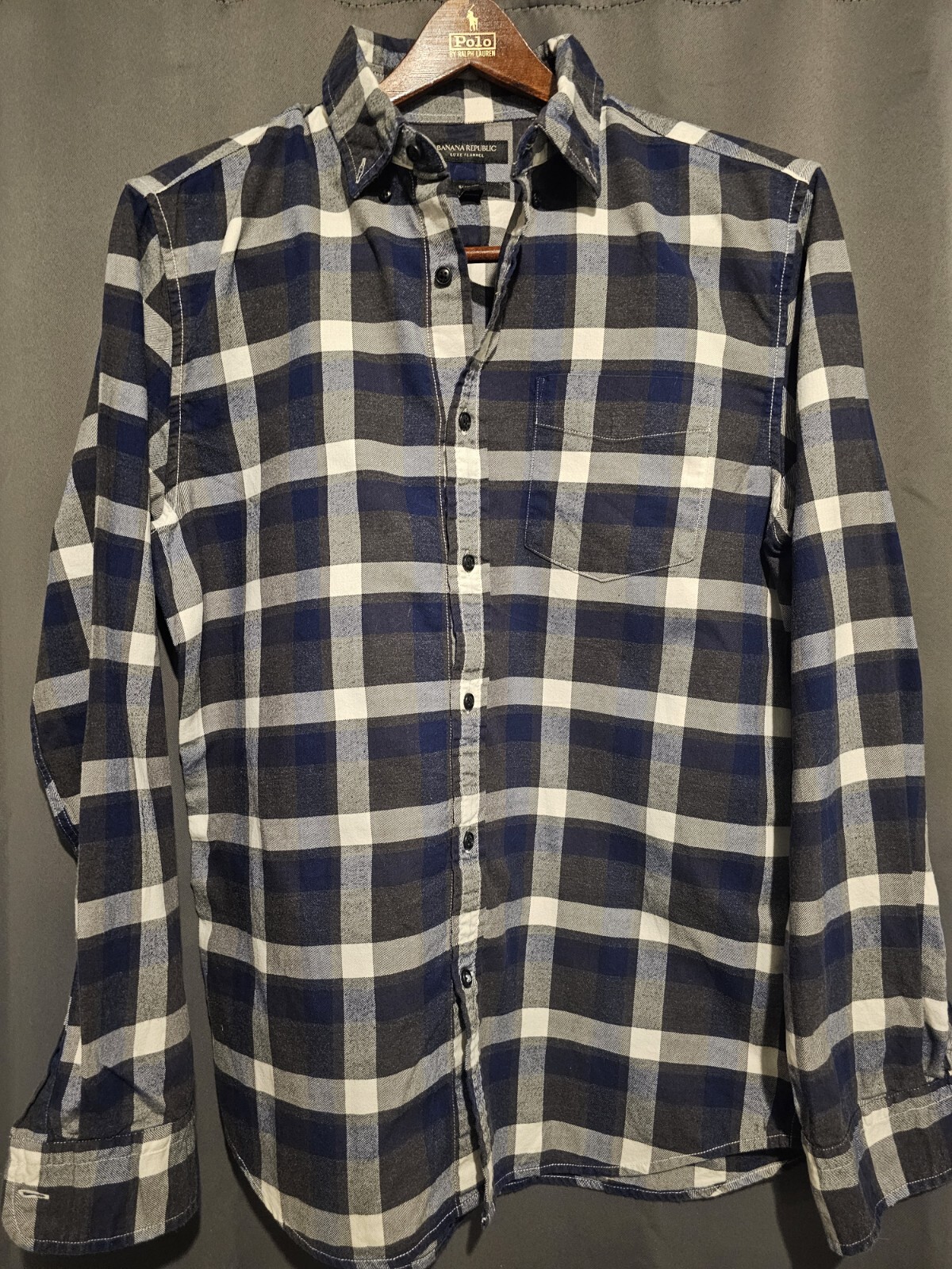 Banana Republic Luxe Flannel Slim Fit Shirt Button Up  Blue/ Gray Plaid Mens M