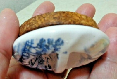 vtg Nasco Blue River Porcelain Cork Stopper Cabin Scene Small Jar Sugar Lid