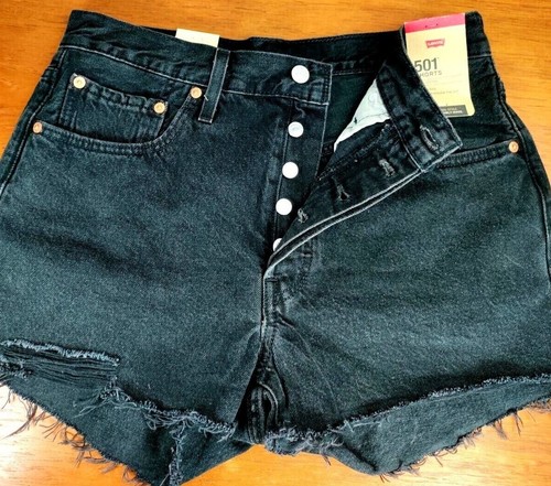 Levi's 501 PANTALONCINO DONNA NUOVO CON ETICHETTE taglia 30 nero bottone mosca vita alta taglio - Foto 3 di 6