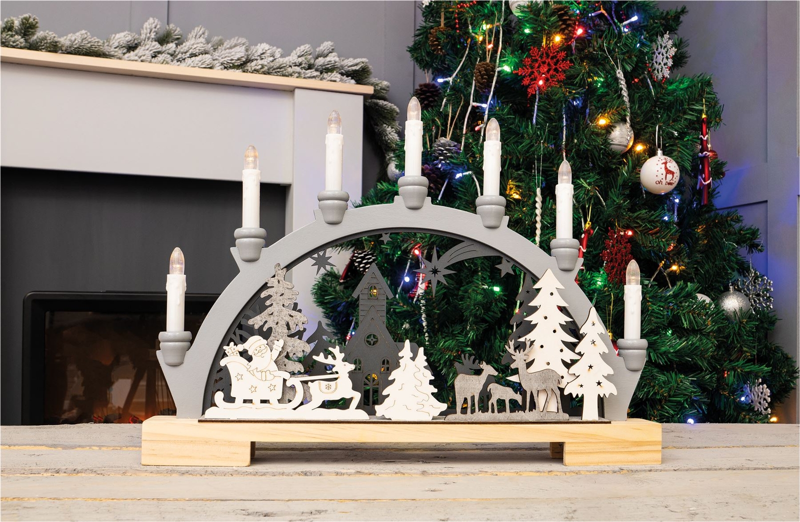 Christmas Candle Bridge Decoration Grey Wooden Village Scene Light Up