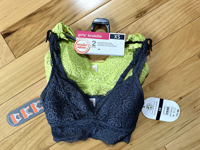 WONDER NATION  Girls Lace Convertible Bralette 2 Pk Grey/ Lime Colors Size XS