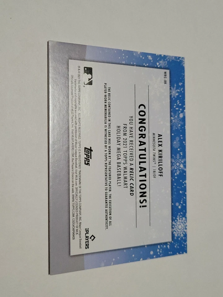 Alex Kirilloff 2021 Topps Holiday Rookie Jersey Relic Snowman #WRC-AK Twins RC - Image 2 of 2