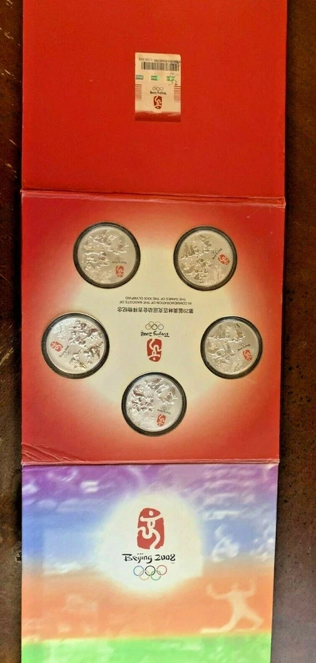 EDICIÓN LIMITADA 2008 Mascota Juegos Olímpicos de Pekín 5 Monedas Plata Sobre Bronce Caja Set Foto 2 de 3