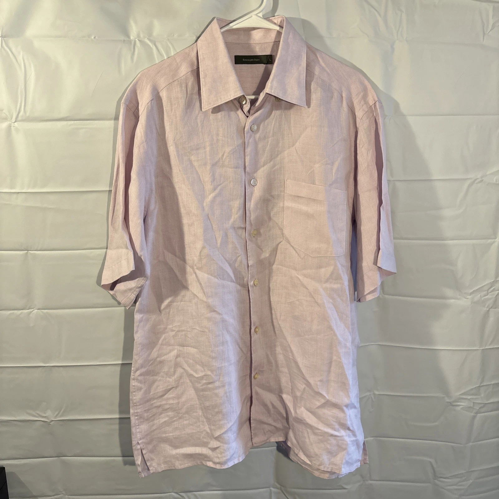 Ermenegildo Zegna Linen Blend Button Down Shirt Short Sleeve Men’s L Pink Pocket