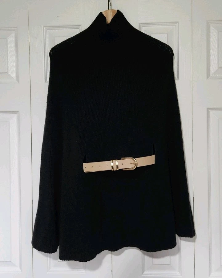 Ellen Tracy Womens Batwing Wool Silk M/L Cape Poncho Black, NO BELT