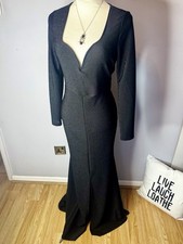 Gothic Black Silver Metallic Maxi Dress UK 12–16 Boned V Stretch Dramatic AF