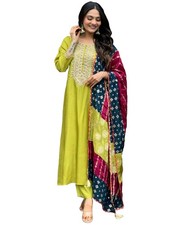 GoSriKi Women's Rayon Viscose Embroidered Anarkali Kurta with Pant Dupatta