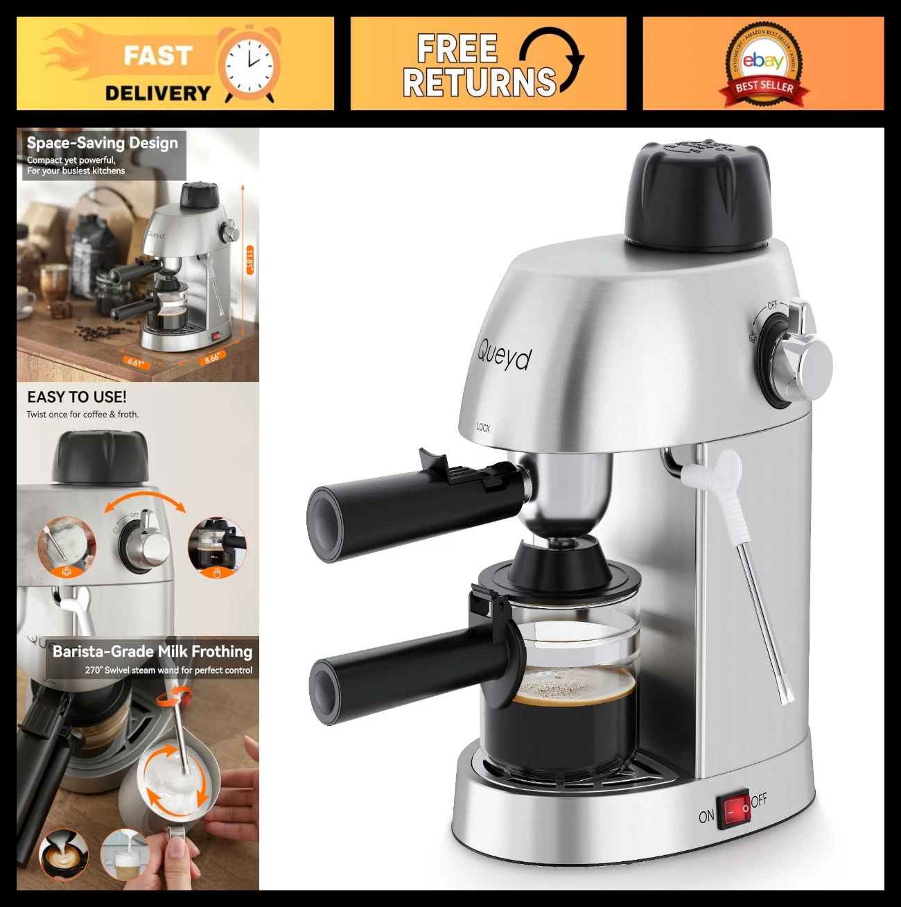 Compact 3.5 Bar Espresso Cappuccino Machine with Milk Frother, 800W Stainless St