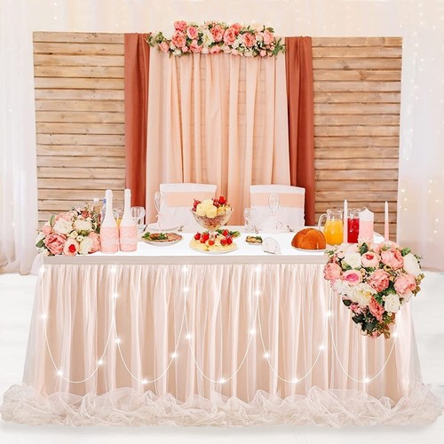 6FT Champagne Tulle Table Skirt LED Tutu Table Skirts for Wedding Birthday Pa...