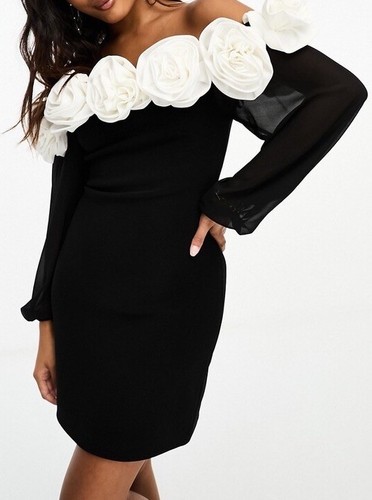 Forever New Petite Rosette Mini Dress Size 12 AU Sheer Sleeves Black And White - Picture 1 of 8