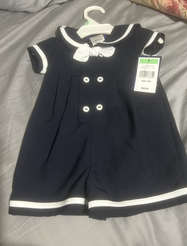 Bonnie Jean Girls 18M Navy/White Sailor Romper One-Piece Short Sleeve Bow