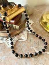 Collier perles jais noir facettes doré 49 cm ancien
