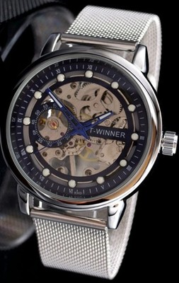 T-Winner Herren Automatikuhr Silber Schwarz Mechanisch Skelett Uhr Luxus Design