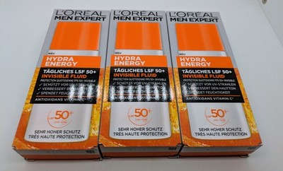 3x 50ml L'Oreal Men Expert Hydra Energy LSF 50+ Invisible Fluid Vitamin UVA UVB