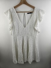 Boohoo White Lace Mini Dress Ruffle Sleeve Plunging V-Neck Skater Party UK 12