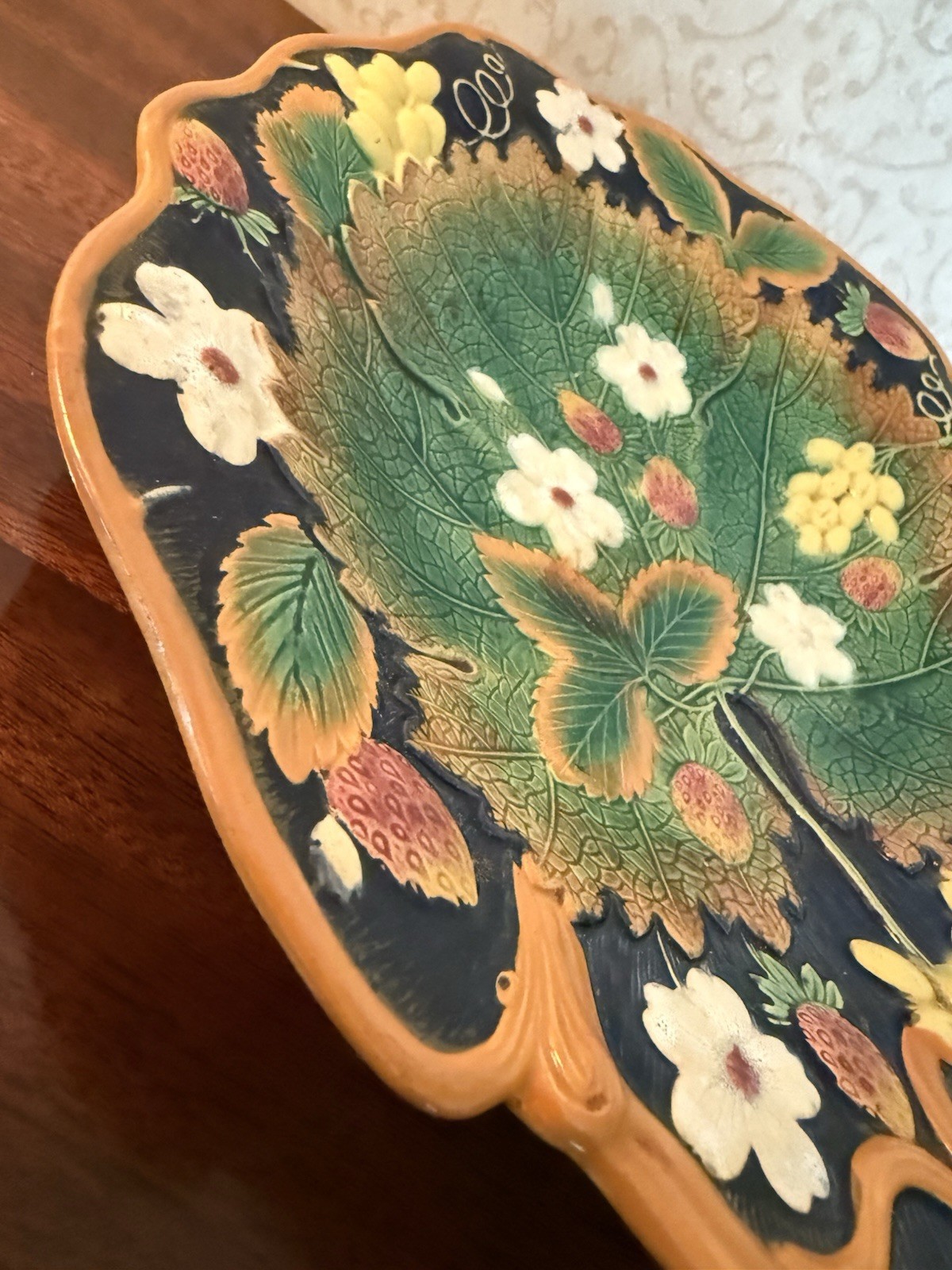 Antique William Brownfield  Majolica Strawberry Grape Compote Bowl Plate 1880’s