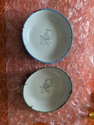2 Vintage Blue And Green Enamel Nursery Rhyme Bowls  Made in Sweden