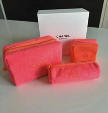 New Chanel Beaute VIP Set Of 3 Neon Orange & Pink Terry Travel Set  2025
