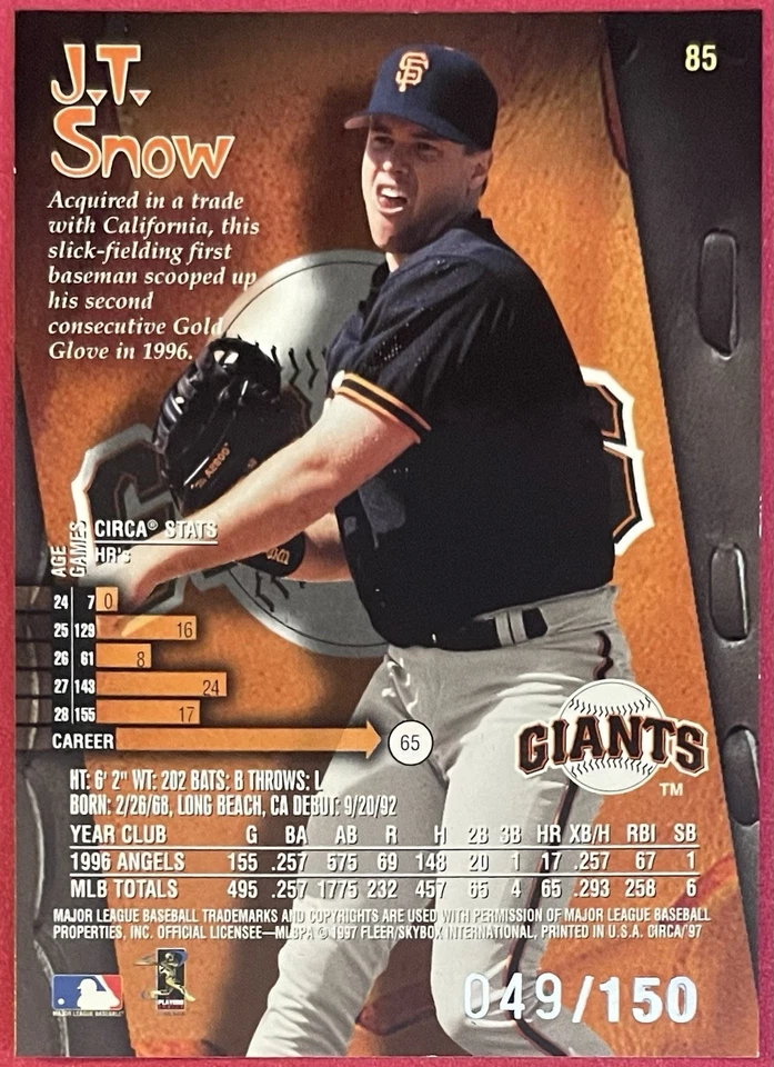 J.T. Snow 1997 Circa Rave #85 /150 #D 049/150 Giants - Image 2 of 2