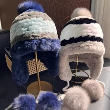 New Winter Women Warm Rex Rabbit Fur Fox Fur Hat Outdoor Fluffy Knitted Hat Cap