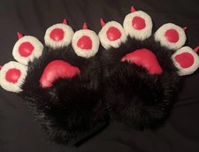 Black, White, and Red Padded Furry Fursuit Cosplay Paws With Red Claws